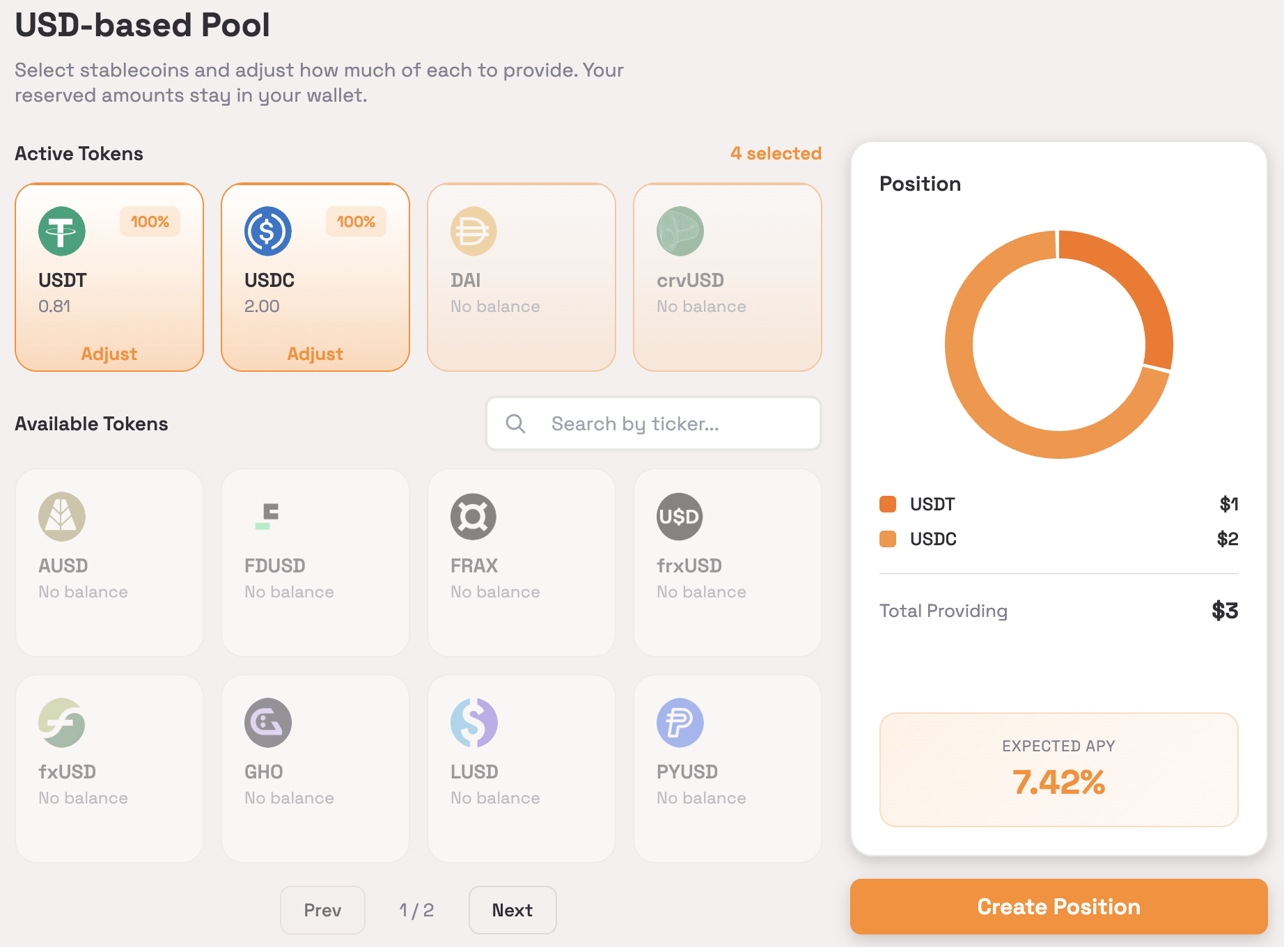 Barter LP interface — a USD-based pool builder with token selection and a live position breakdown