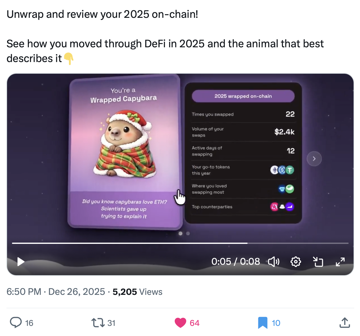 Barter Wrapped 2025 tweet — a shareable on-chain year-in-review card, &lsquo;You&rsquo;re a Wrapped Capybara&rsquo;